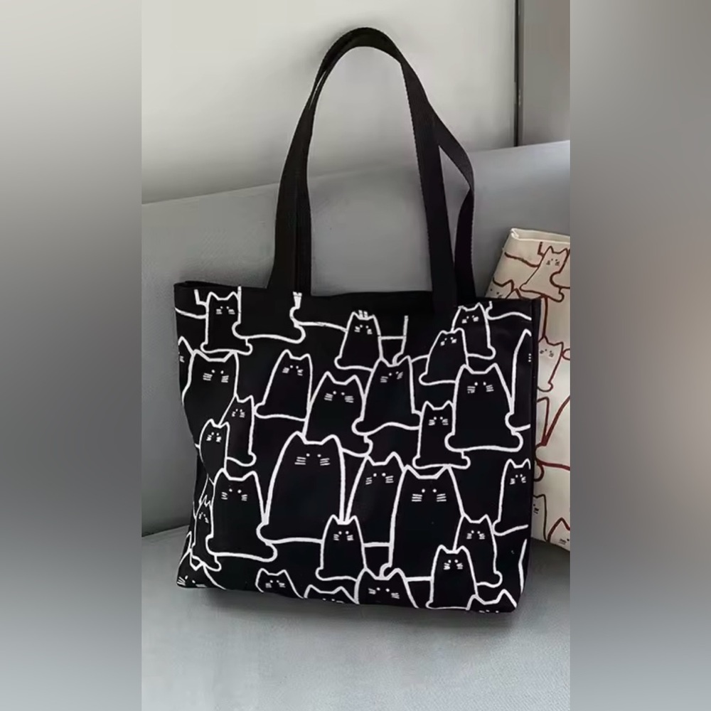 Black Cat Print Canvas Tote Bag